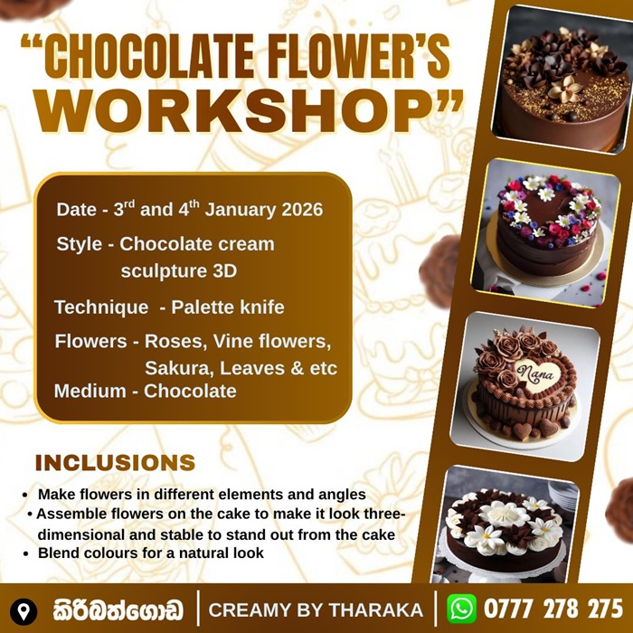 Chocolate flower workshop post listing dates and techniques beside four decorated cakes